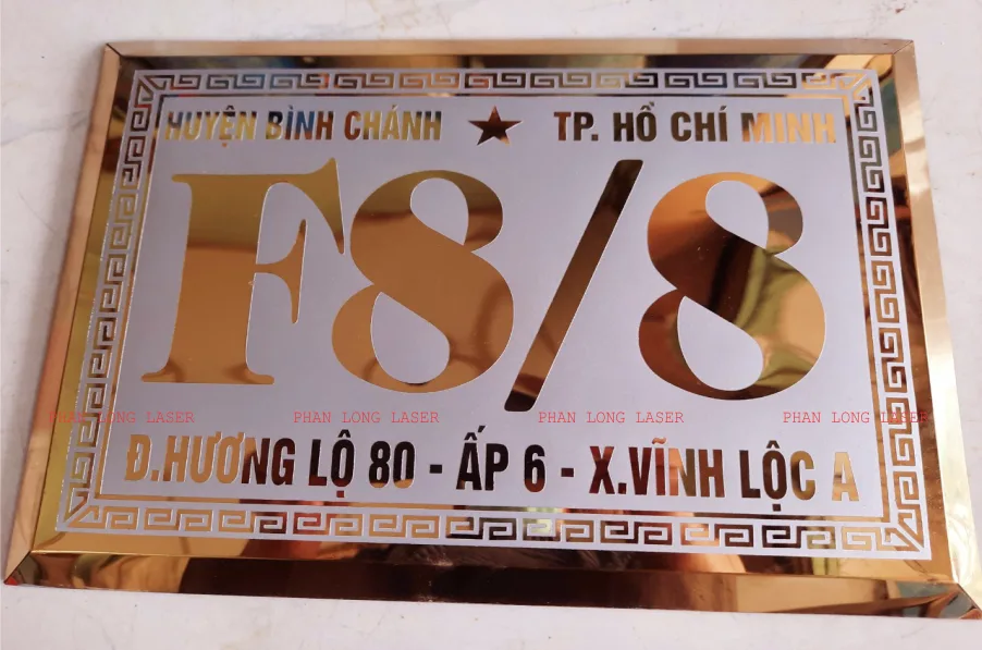 Biển bảng số nhà làm bằng inox mạ màu vàng đồng khắc ăn mòn tại Tân Phú, Bình Tân, Bình Thạnh, Gò Vấp, Thủ Đức, Phú Nhuận
