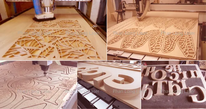 Gia công cắt CNC tạo hình trên gỗ tấm, cắt tạo hình hoa văn, cắt chữ gỗ