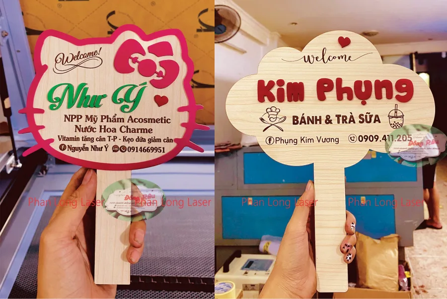 Biển bảng Hashtag cầm tay làm bằng gỗ công nghiệp MDF khắc laser và dán chữ mica nổi làm cho shop mỹ phẩm và cửa hành bán bánh, cửa hàng bán trà sữa