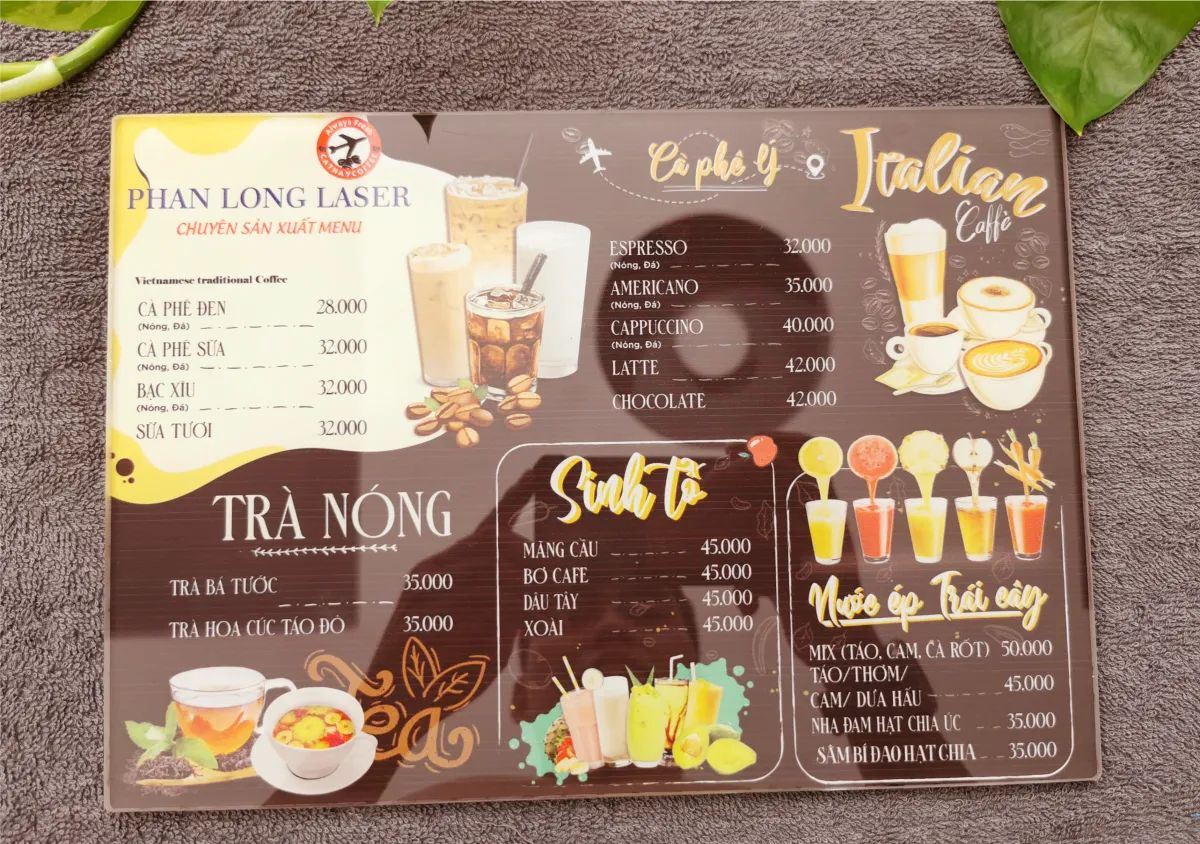 Làm menu bằng nhựa mica acrylic in UV theo yêu cầu tại Thanh Xuân, Cầu Giấy, Hoàng Mai, Thanh Trì, Long Biên, Hoàn Kiếm, Gia Lâm, Hà Nội