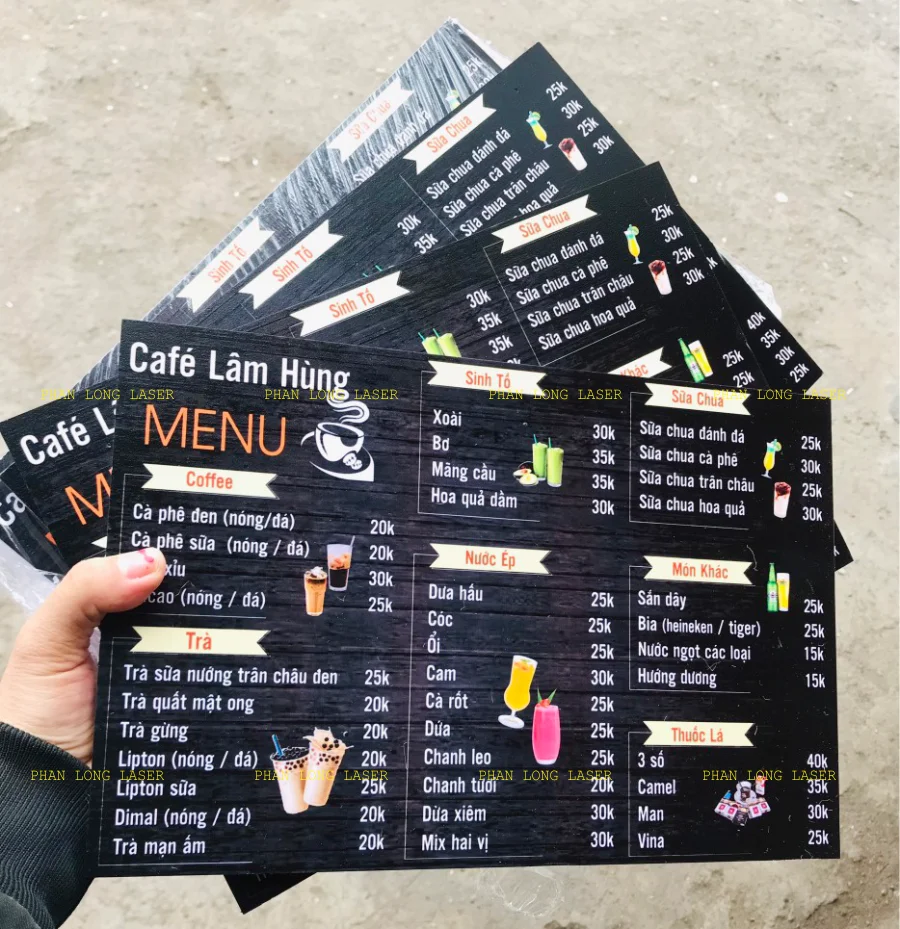 Làm menu thực đơn cho quán cafe chất liệu mica acrylic tại Quận 2, Quận 4, Quận 6, Quận 8, Quận 10, Quận 12, TP Hồ Chí Minh