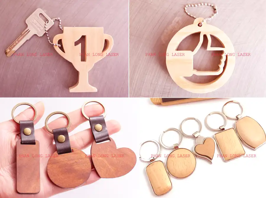Móc khóa gỗ hình cúp, móc khóa gỗ hình like, móc khóa gỗ hình trái tim, móc khóa gỗ hình tròn, móc khóa gỗ hình chữ nhật, móc khóa gỗ hình vuông
